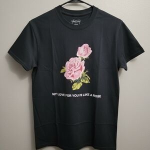 Black Graphic T-Shirt with Pink Rose Design